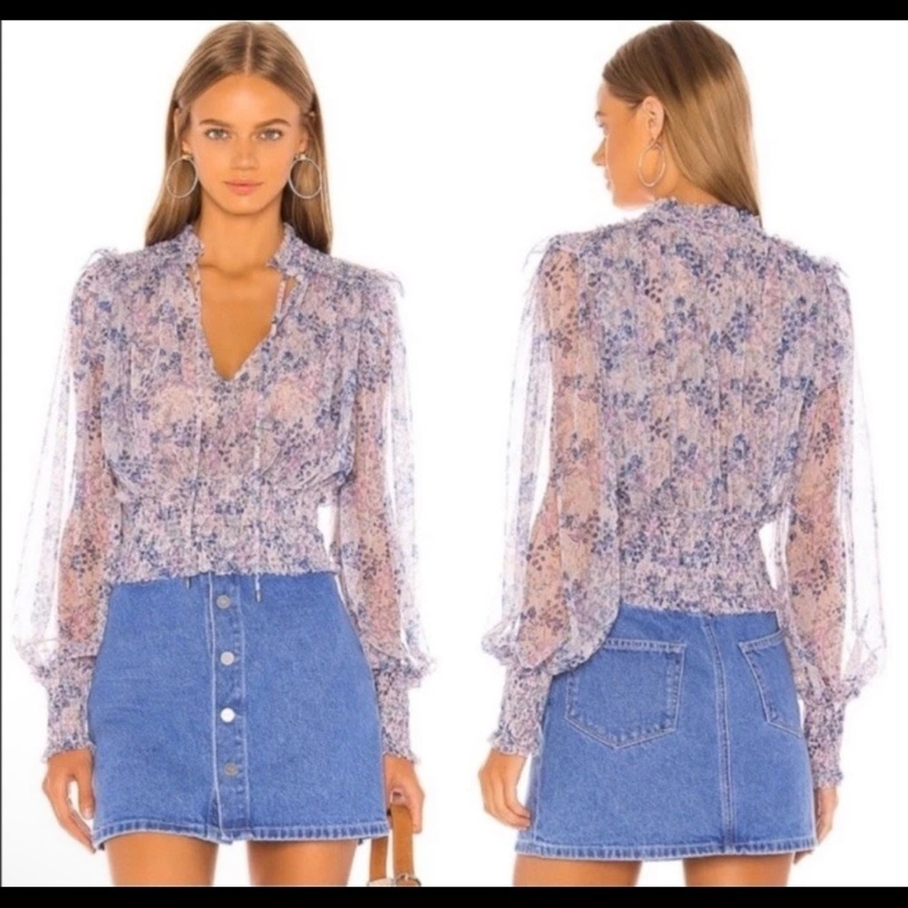 Free People Twyla Top Women’s Medium Smocked Floral Mesh Sheer Long Sleeve Lilac